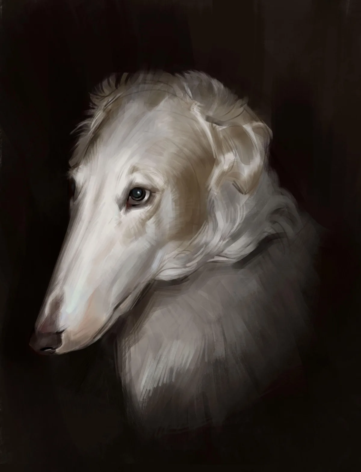 A digital painting of a white dog with a long snout and expressive eyes, set against a dark background. The dog is shown in…
