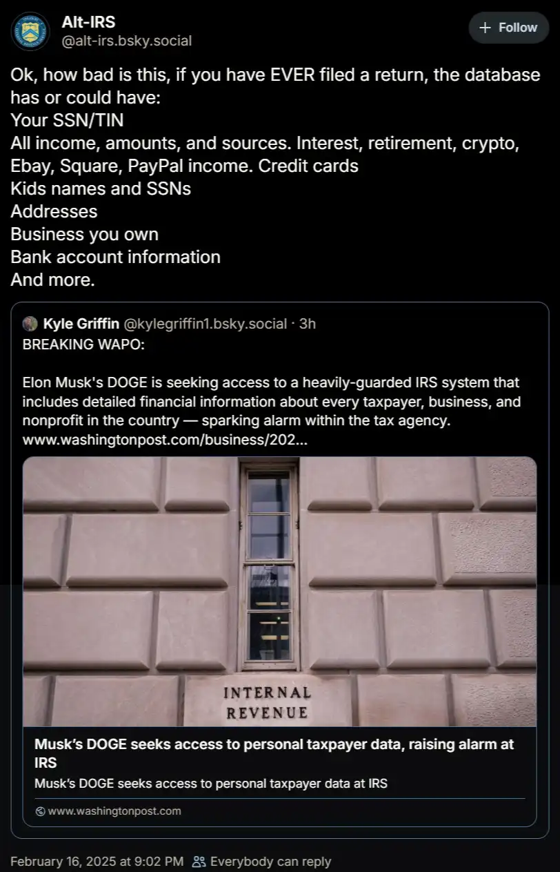 A screenshot of a social media post showing a photo of the IRS building with the text 'INTERNAL REVENUE' engraved below a…