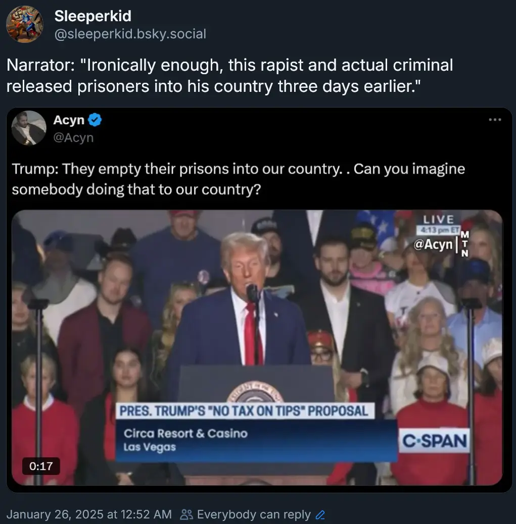 A screenshot of a tweet by Acyn showing a video clip of Donald Trump speaking at a podium in Las Vegas, with a C-SPAN banner…