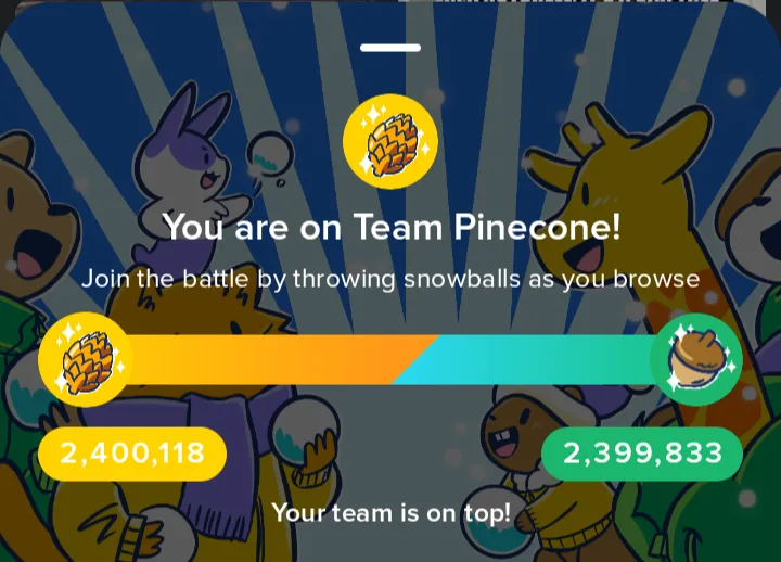 A screenshot from the game 'Snowball Fight' shows a scoreboard with 'Team Pinecone' leading with 2,400,118 points against…