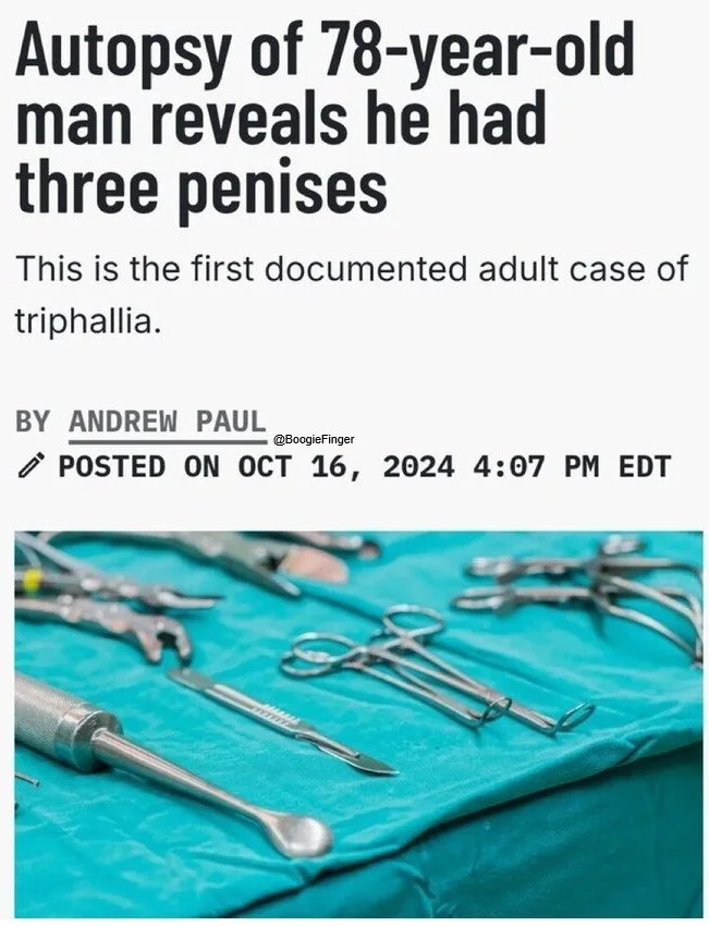 The image displays a mock news article with a headline about a 78-year-old man's autopsy revealing three penises, labeled as…