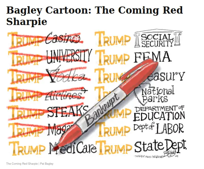 A political cartoon by Pat Bagley titled 'The Coming Red Sharpie' shows a red sharpie pen crossing out 'TRUMP' next to…