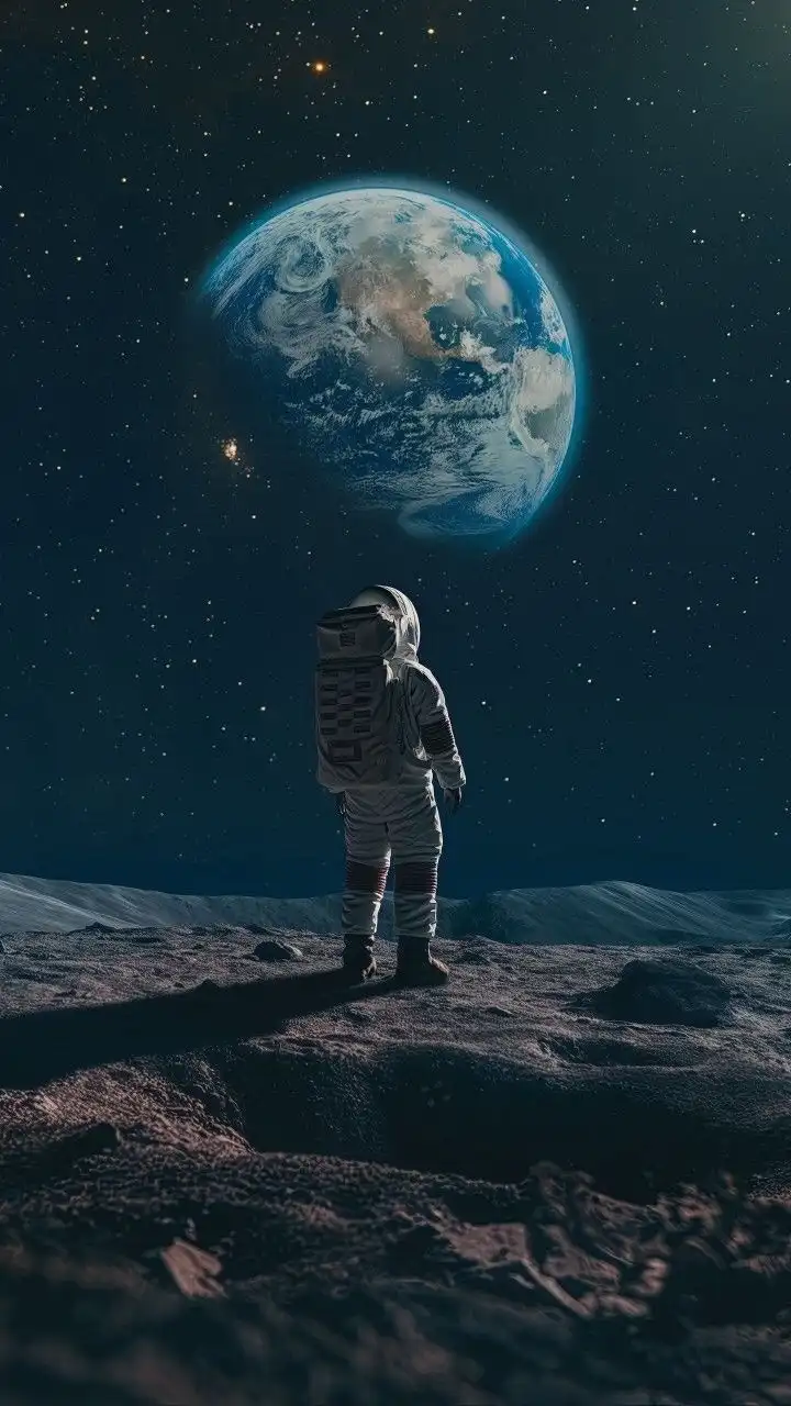 An astronaut in a white spacesuit stands on a rocky, barren lunar surface, gazing up at the Earth rising in the star-filled…