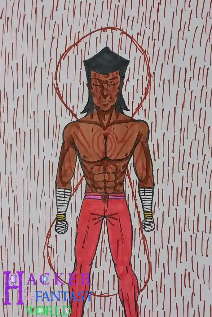 A hand-drawn illustration depicts a muscular, shirtless man with a stern expression, wearing red pants and white wrist…