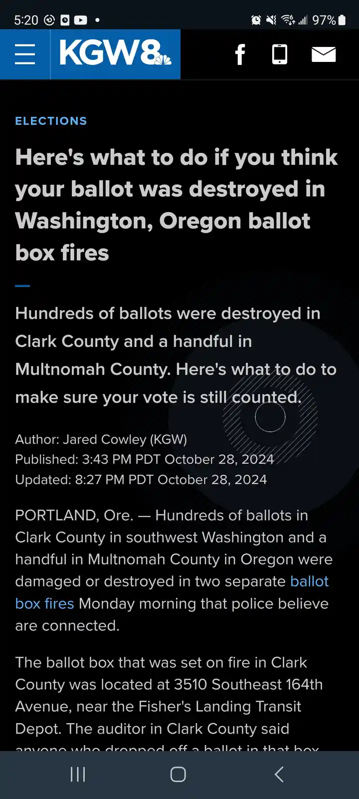 A screenshot of a KGW8 news article about ballot box fires in Washington and Oregon, with the headline 'Here's what to do if…