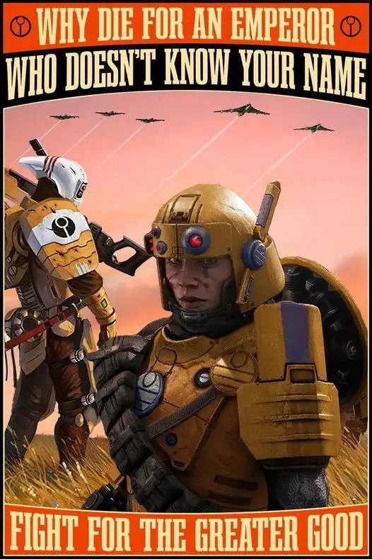 A propaganda-style poster features two armored soldiers in a field under a pink sky with fighter jets flying overhead. The…