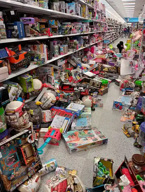 A toy aisle in a store is in complete disarray, with shelves overflowing and hundreds of colorful toy boxes and items…