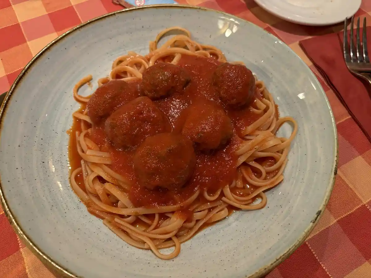 A close-up photo shows a light blue speckled ceramic plate filled with spaghetti topped with a generous amount of tomato…