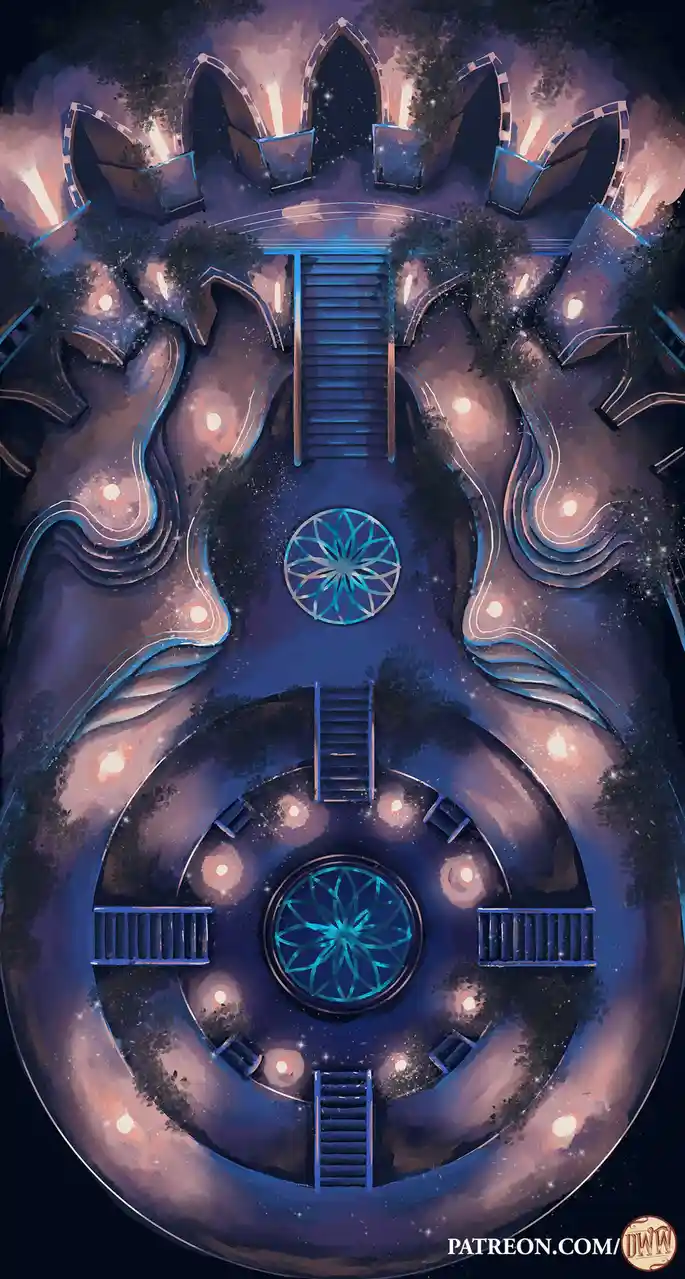 An aerial view of a fantastical, symmetrical garden with glowing pathways, staircases, and circular floral patterns, all…