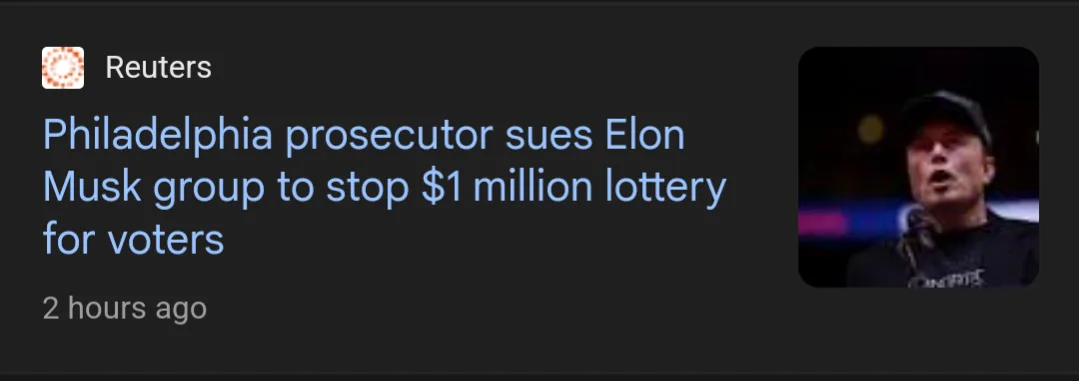A screenshot of a Reuters news alert showing a headline about a Philadelphia prosecutor suing an Elon Musk group to stop a…