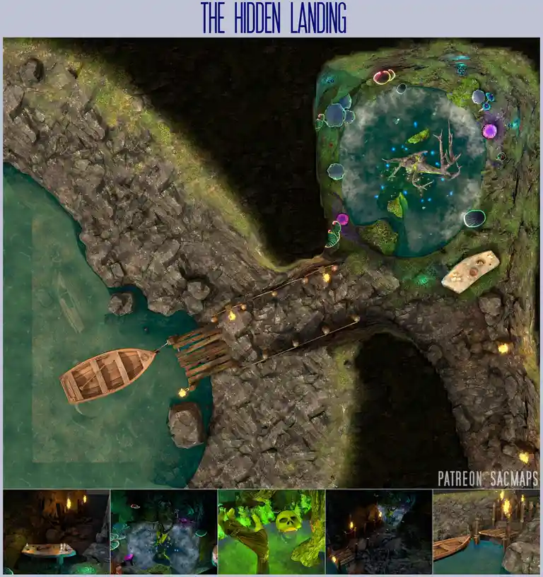 An overhead view of a fantasy cave map titled 'THE HIDDEN LANDING', showing a wooden boat docked at a rocky shore, a rope…