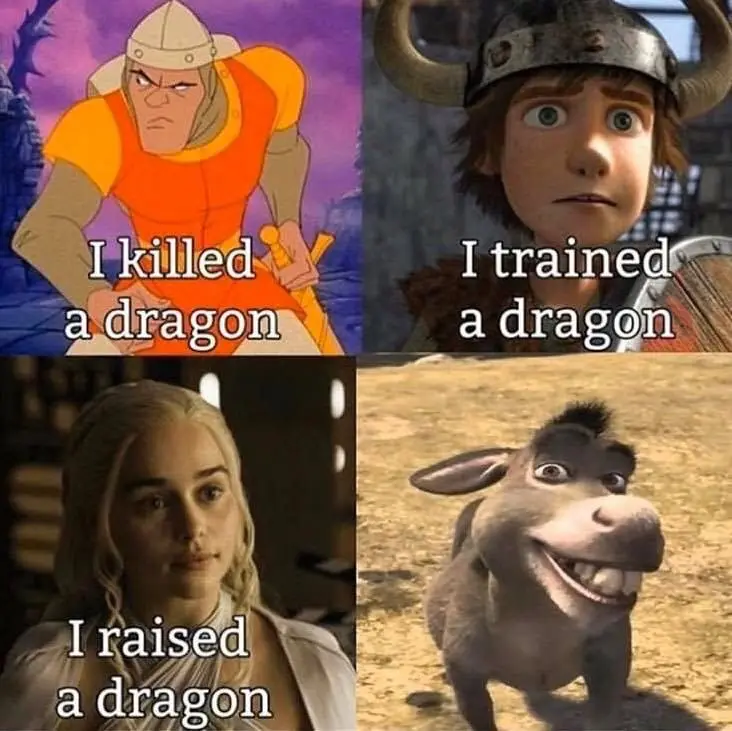 A four-panel meme featuring characters from different franchises: a cartoon knight with an angry expression, a young Viking…