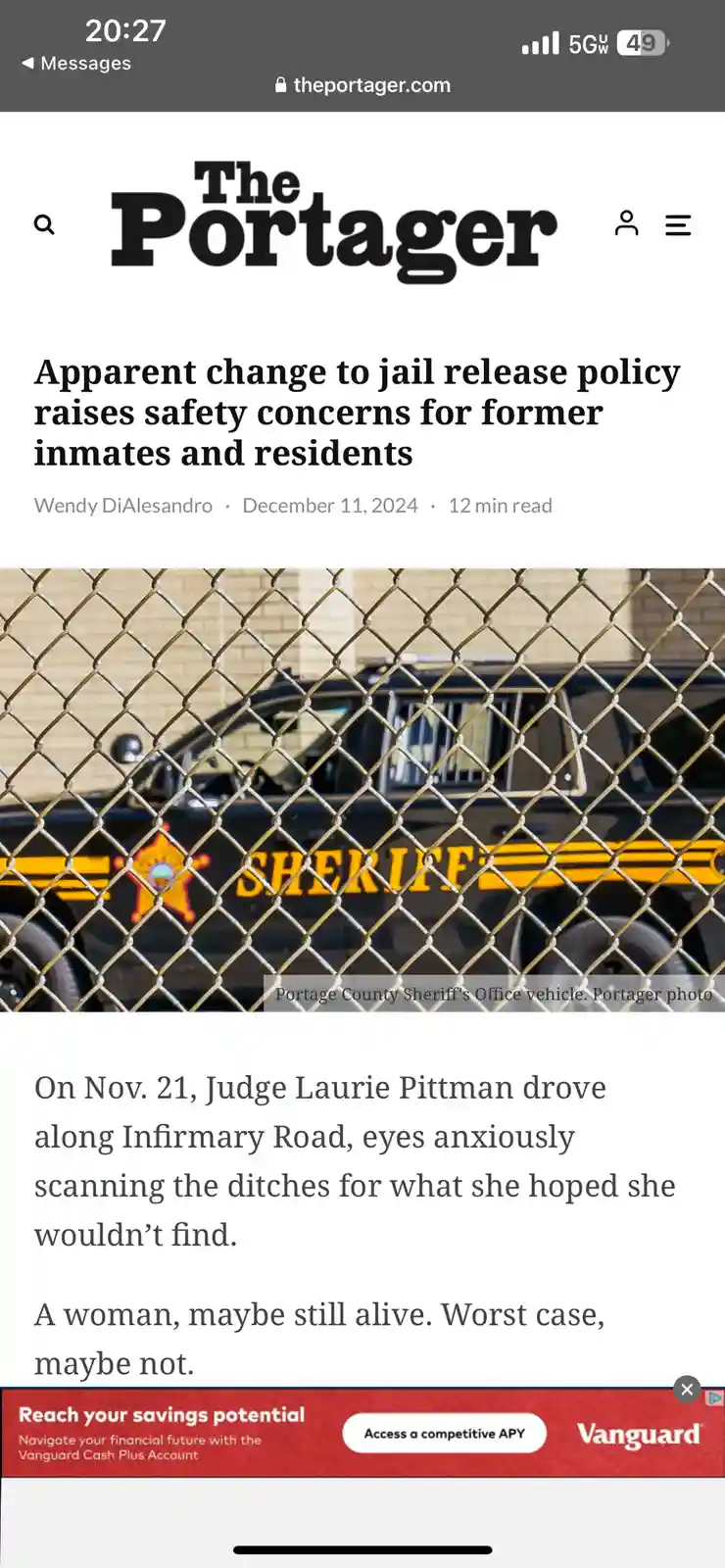 A screenshot of a news article from 'The Portager' shows a sheriff's vehicle behind a chain-link fence. The article's…
