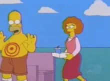 A sequence of six frames from The Simpsons shows Marge Simpson walking toward Homer with a tray, then suddenly flipping over…