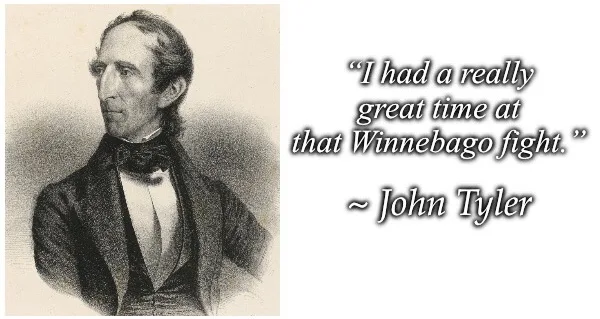 A black-and-white historical portrait of John Tyler, the 10th U.S. president, is shown on the left. On the right, overlaid…