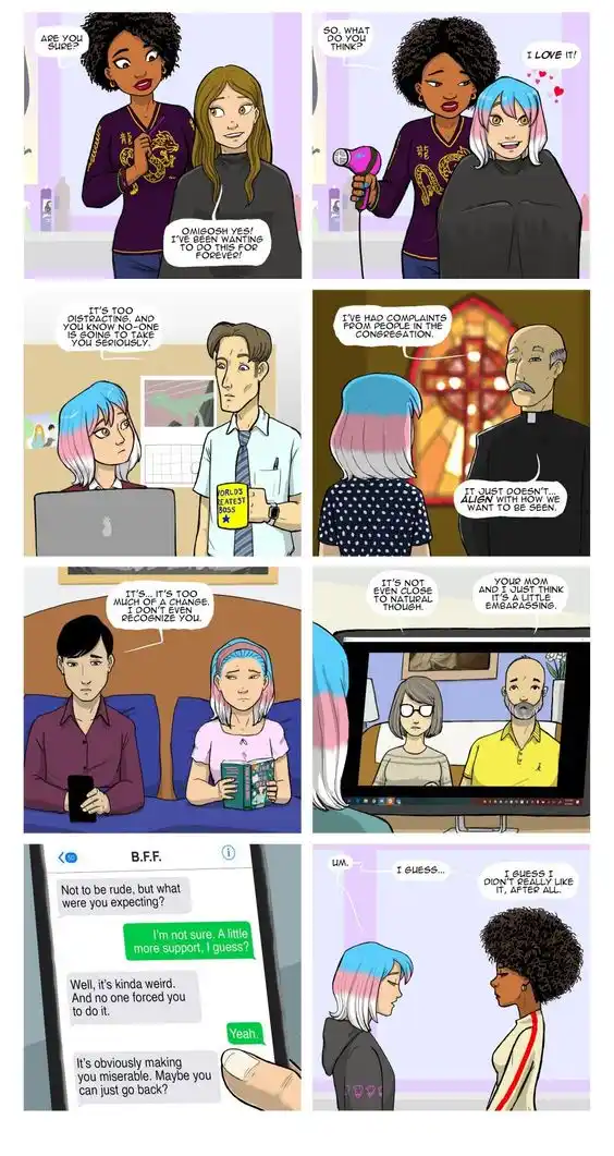 A comic strip shows a woman excitedly getting a blue and pink hair dye job, only to face criticism from her friends, church…