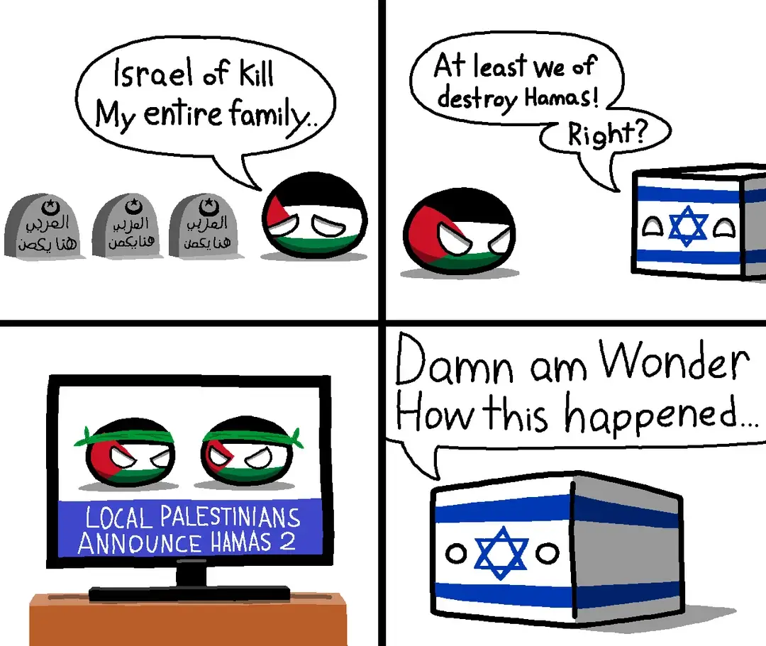 A four-panel cartoon depicts a Palestinian ball character mourning family graves, then conversing with an Israeli box…