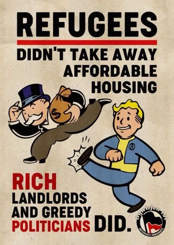 The image is a satirical poster parodying propaganda style, featuring a Monopoly man kicking a Fallout Vault Boy. The text…