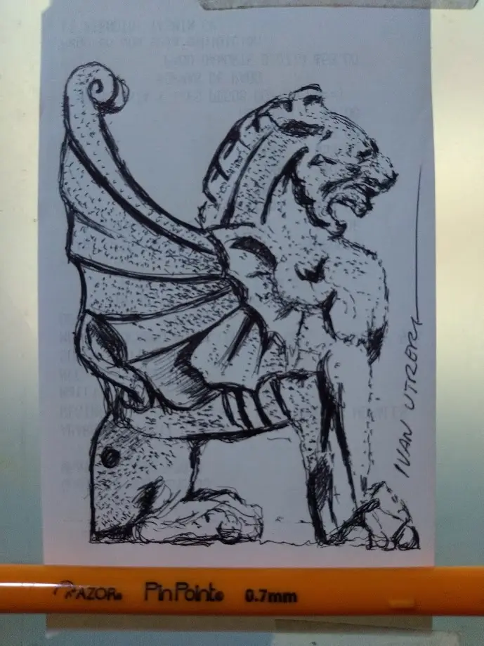A hand-drawn black ink sketch of a gargoyle-like creature with a lion's body, wings, and a fierce expression, drawn on light…