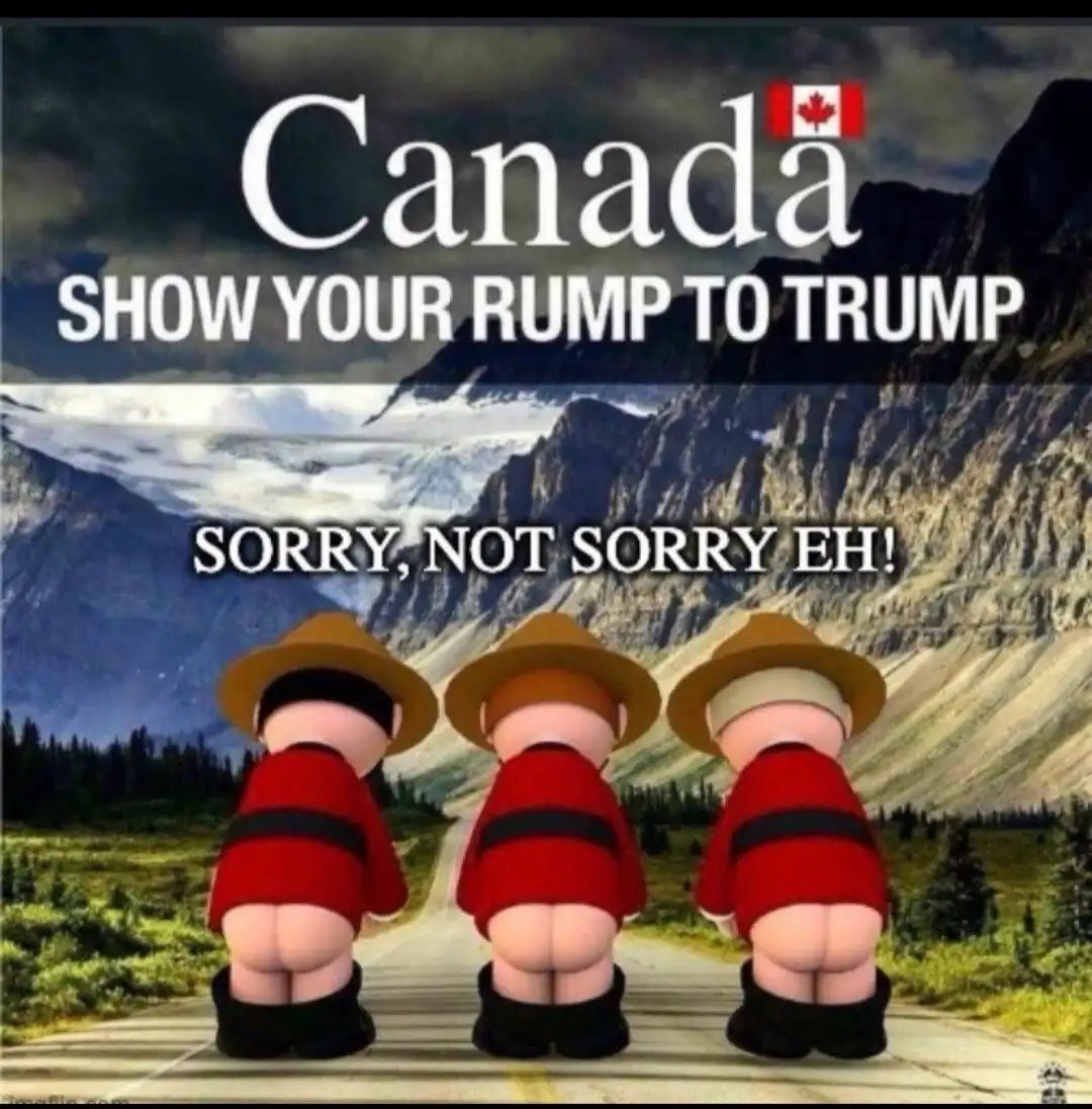 Three cartoonish Canadian Mounties in red uniforms and brown hats are shown from behind, bent over with their buttocks…
