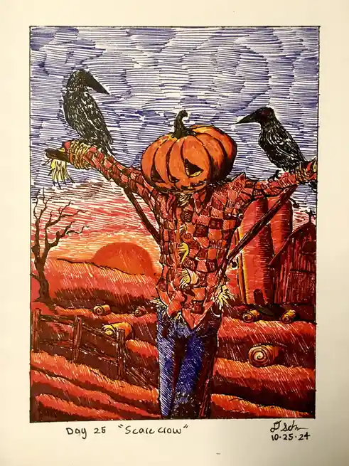 A hand-drawn illustration depicts a scarecrow with a carved pumpkin head, wearing a plaid shirt and blue pants, standing in…