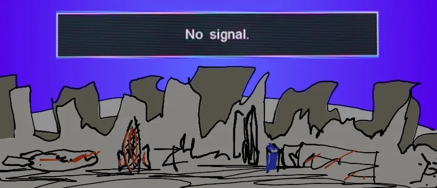 A crudely drawn, low-resolution image depicts a barren, rocky landscape under a solid purple sky. A dark gray rectangular…