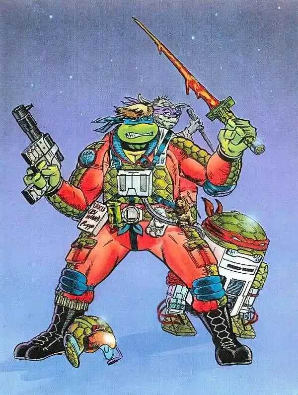 A green anthropomorphic turtle in red and blue gear holds a glowing sword and a blaster pistol against a starry sky, with a…