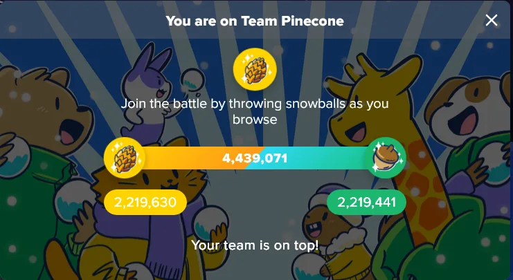 A game interface shows a scoreboard with 'Team Pinecone' leading with 4,439,071 points, while the opposing team has…