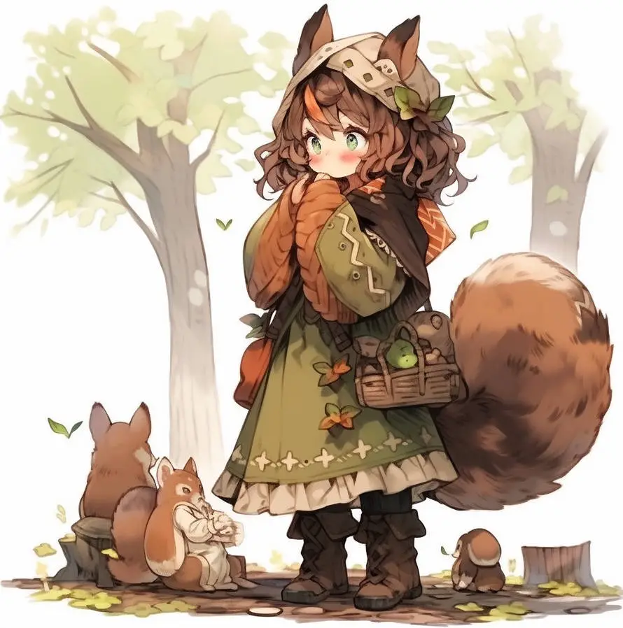 An anime-style girl with fox ears and a giant bushy squirrel tail stands in a forest, wearing a green dress and carrying a…