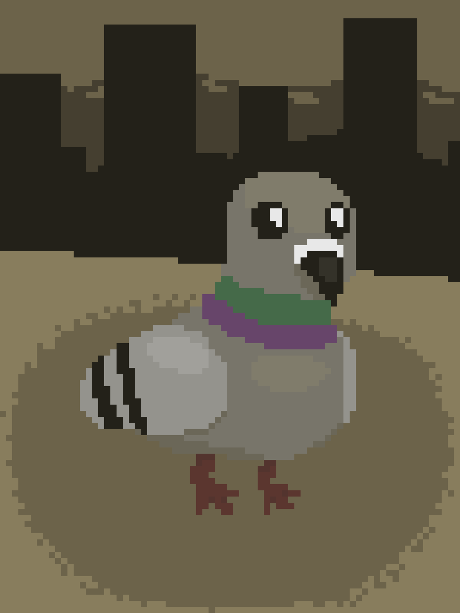 A pixelated, low-resolution image of a grey bird with a green and purple scarf, standing on a brown ground with dark brown…