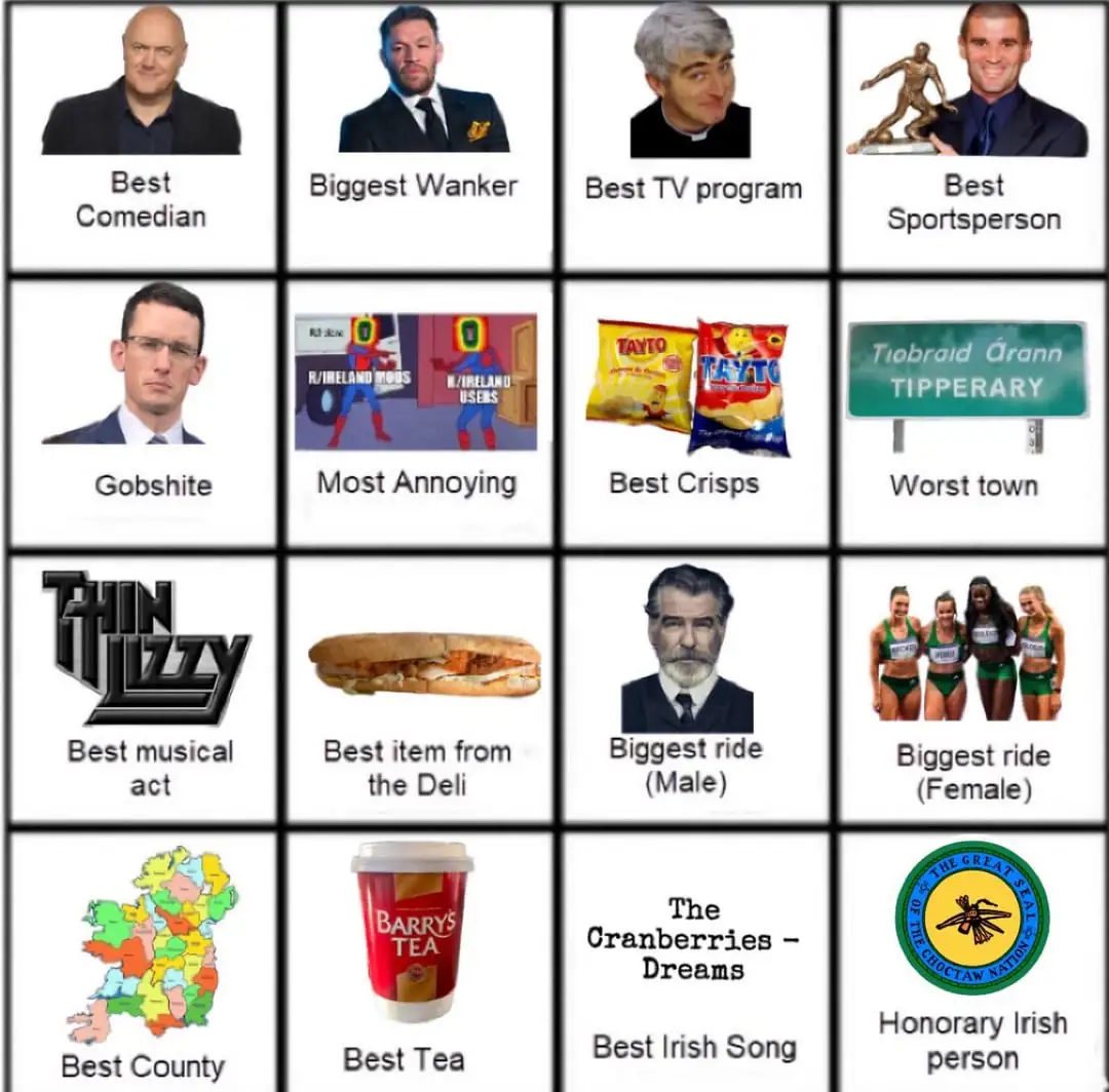 A 4x4 grid of Irish-themed internet memes, each cell contains a photo or image with a text label. The top row shows a bald…