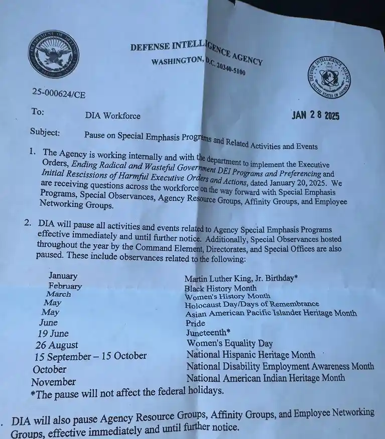 A scanned official-looking memo from the Defense Intelligence Agency dated January 28, 2025, addressed to the DIA Workforce…
