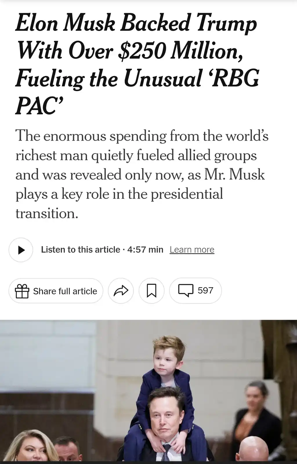 A screenshot of a news article headline stating 'Elon Musk Backed Trump With Over $250 Million, Fueling the Unusual ‘RBG…