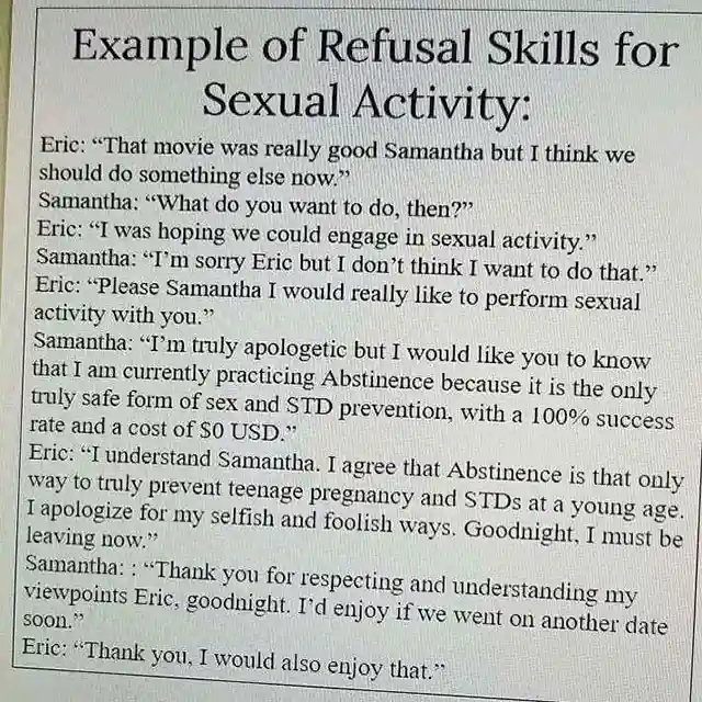 A text-based image showing a dialogue between Eric and Samantha about sexual activity, where Samantha uses abstinence as a…