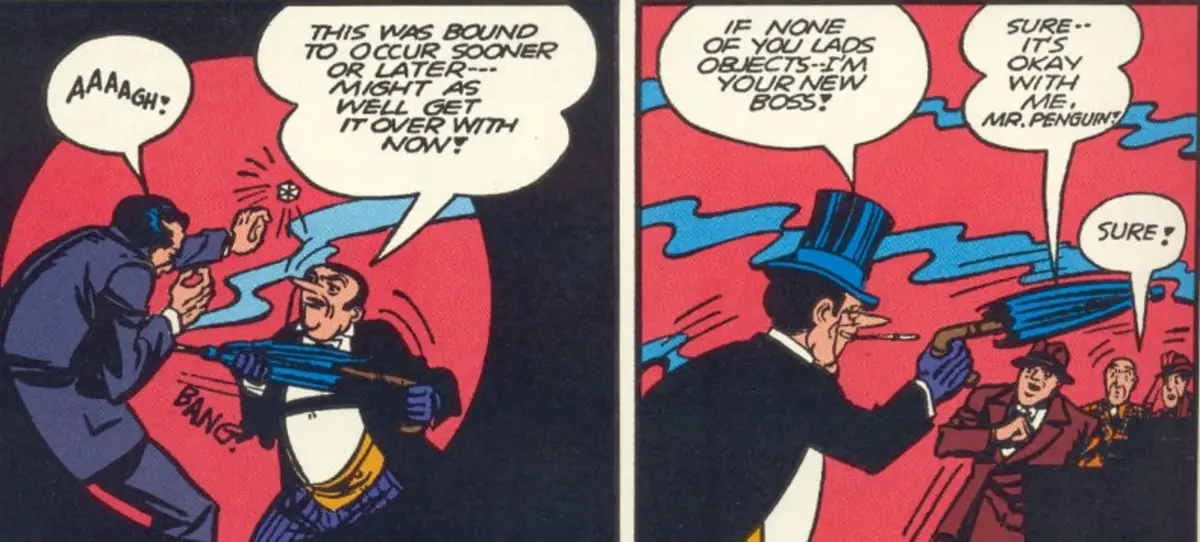 A two-panel comic strip shows a man in a tuxedo and top hat (Mr. Penguin) shooting an umbrella at an attacker who is yelling…