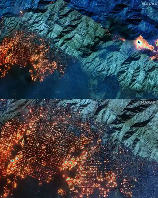 The image displays two satellite views of a city at night, side-by-side. The top panel shows a city with scattered orange…