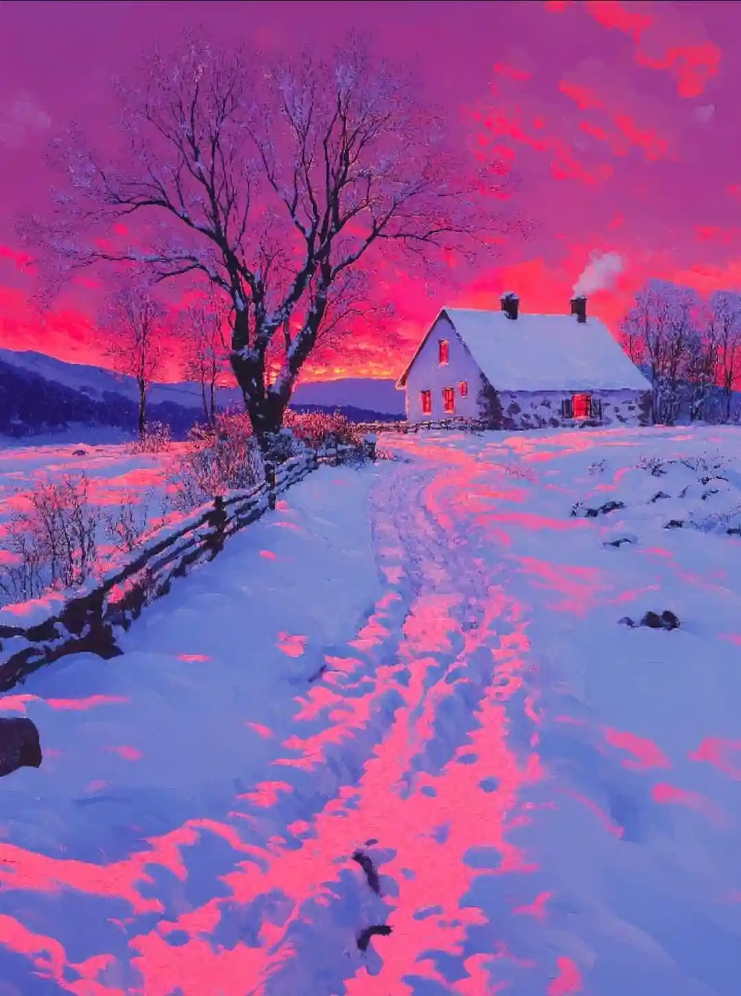A snowy winter scene with a small house, bare trees, and a snow-covered path leading to it, all bathed in an intense pink…