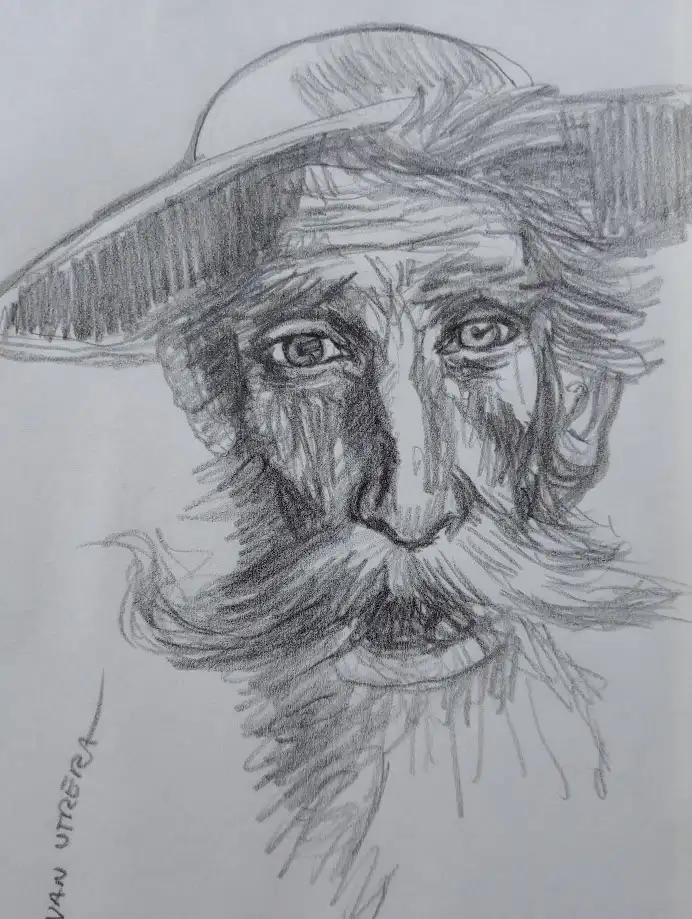 A pencil sketch of a man with a wide-brimmed hat, bushy eyebrows, a thick mustache, and a beard, looking directly at the…