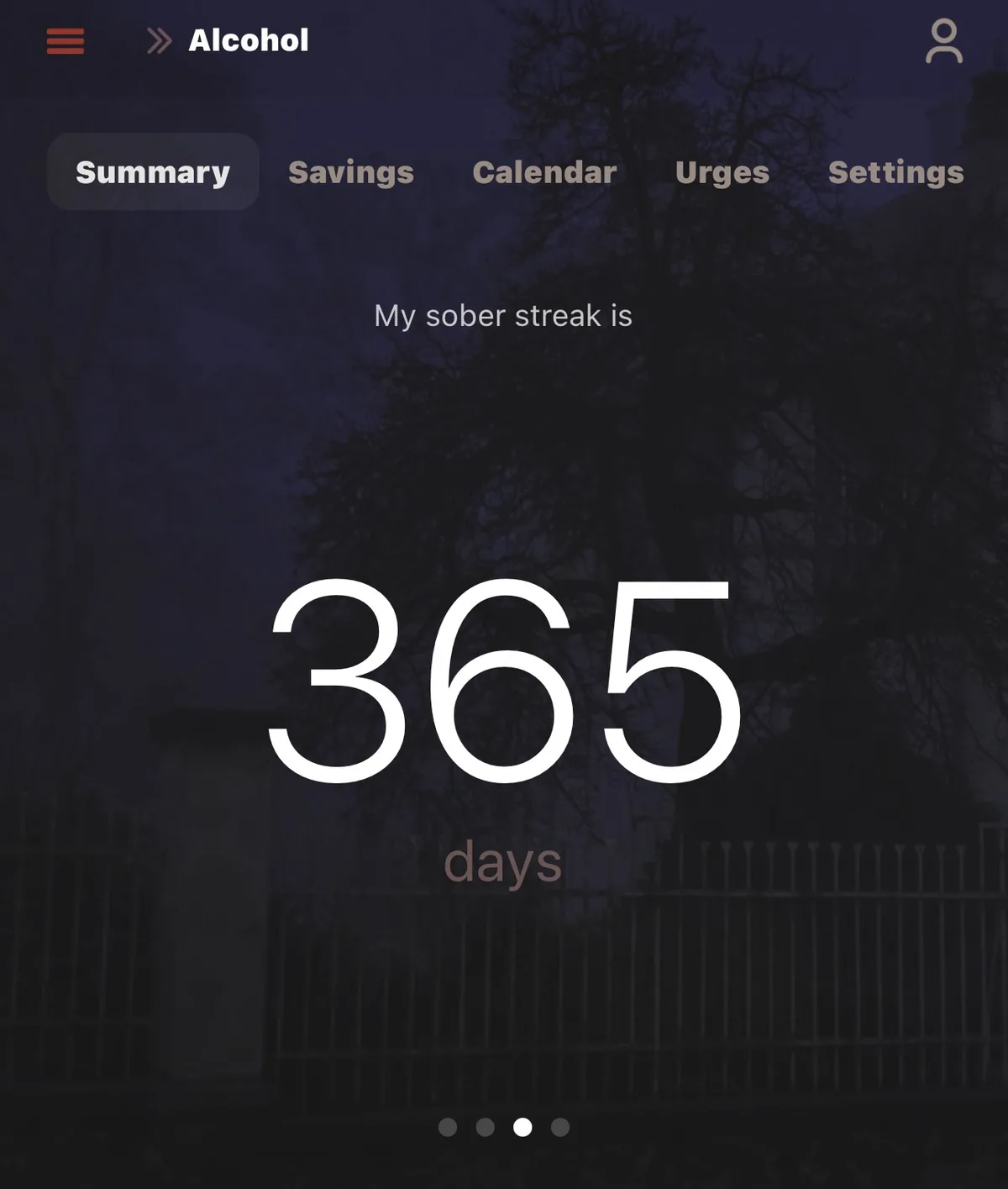 A screenshot of a mobile app interface titled 'Alcohol' showing a 'Summary' tab with the text 'My sober streak is 365 days'…