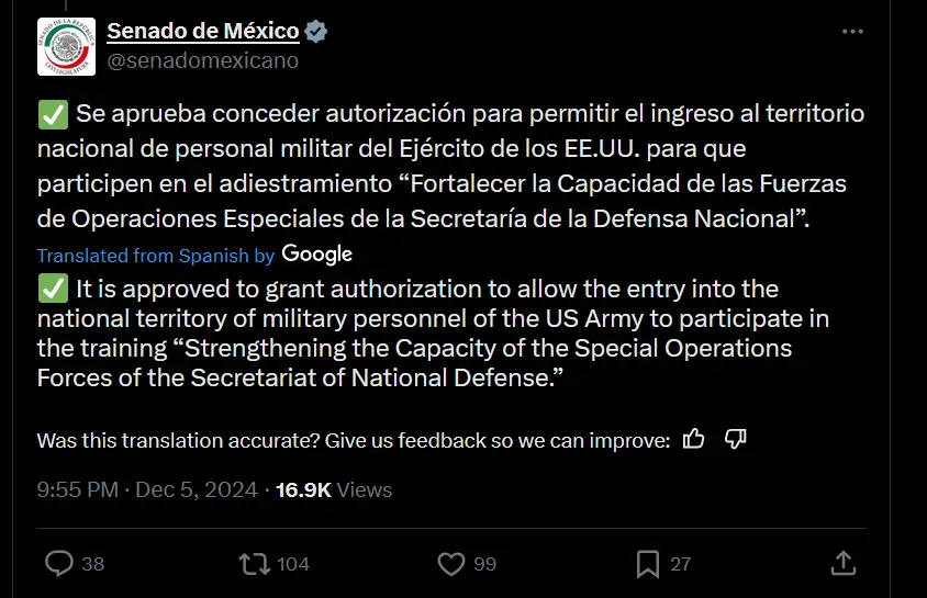 A screenshot of a tweet from the official Mexican Senate account (@senadomexicano) announcing approval to allow U.S. Army…