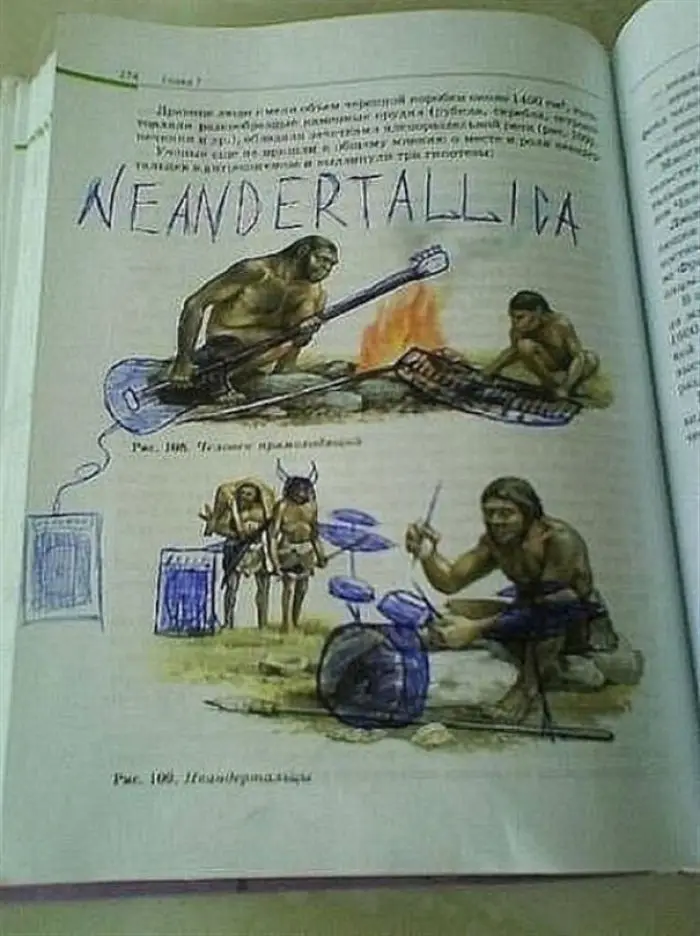 An open textbook page shows two illustrated scenes of Neanderthals, one playing a guitar and another playing drums, with the…