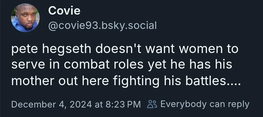 A screenshot of a social media post by user 'Covie' with a profile picture of a Black man in a blue shirt. The post's white…