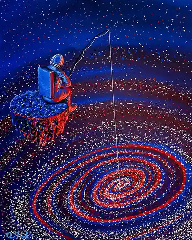 An astronaut in a blue and red suit sits on a floating, textured platform in a cosmic setting filled with stars, holding a…
