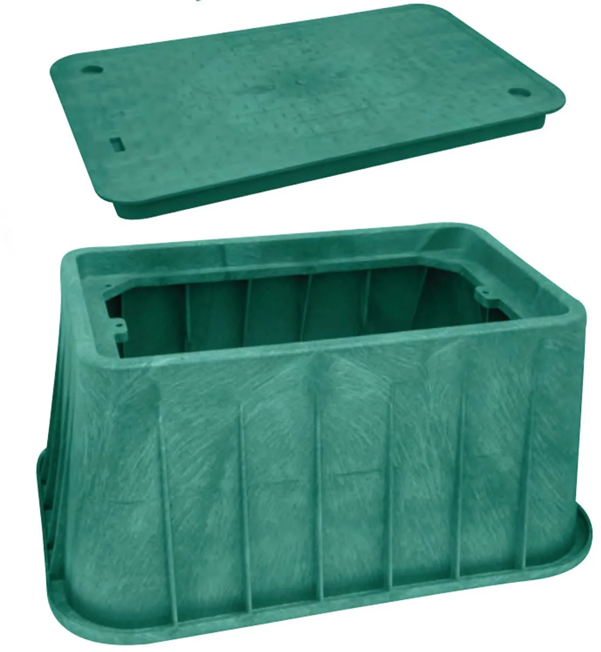 A green plastic utility access cover and its matching lid are shown separately against a white background. The lid is…