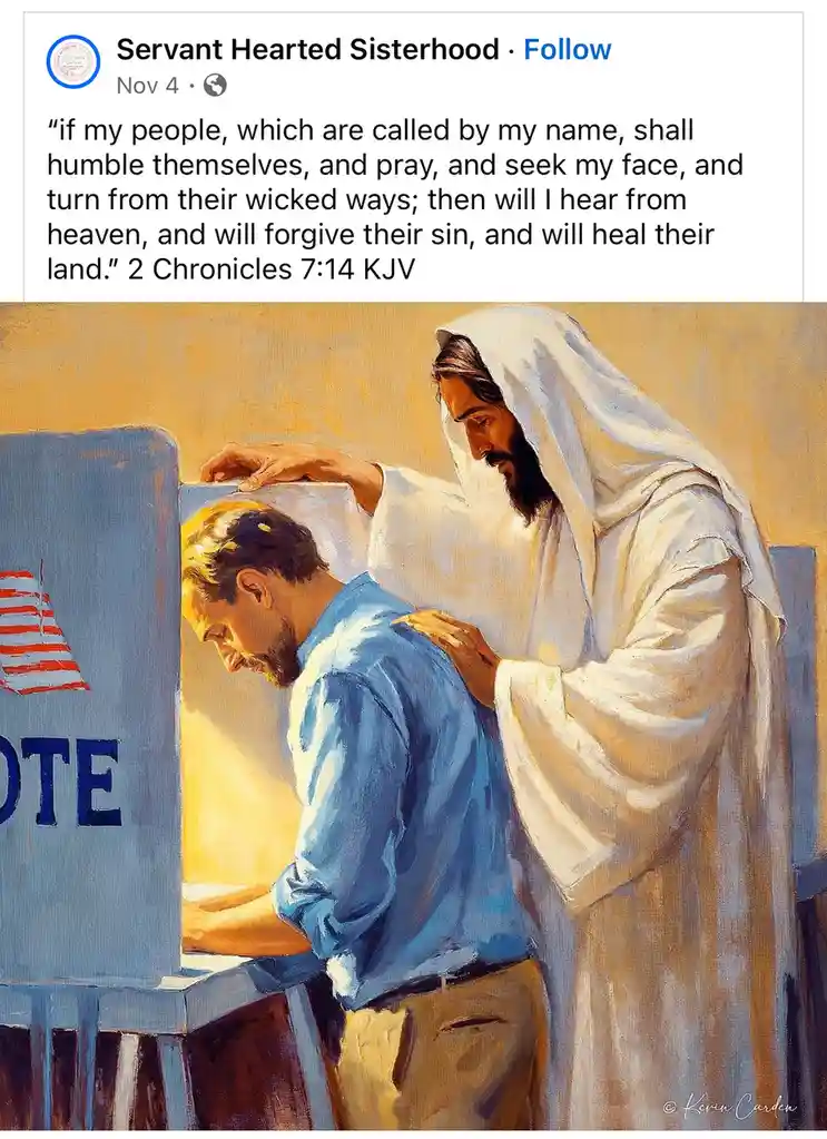A painting depicts a man in a blue shirt voting at a booth marked with a partial 'VOTE' sign and an American flag, while a…