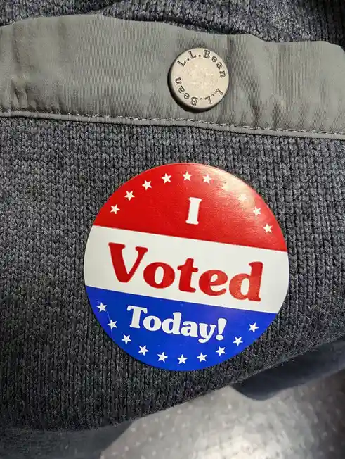 A close-up photo shows a red, white, and blue circular 'I Voted Today!' sticker pinned to the front of a dark gray knit cap…