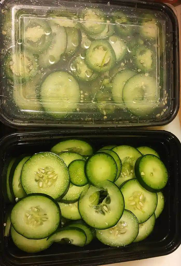 Two black plastic containers hold sliced cucumbers; the top container has cucumbers submerged in water with visible droplets…