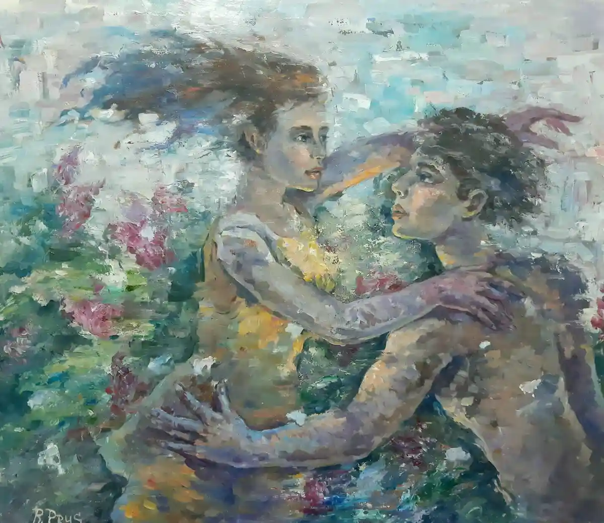 An impressionistic oil painting depicts two women embracing in a garden with blurred flowers and sky. The overlaid text…