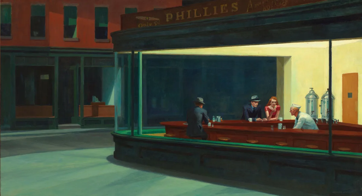 A famous painting by Edward Hopper depicts a brightly lit diner at night with four patrons — a man in a hat facing away, a…