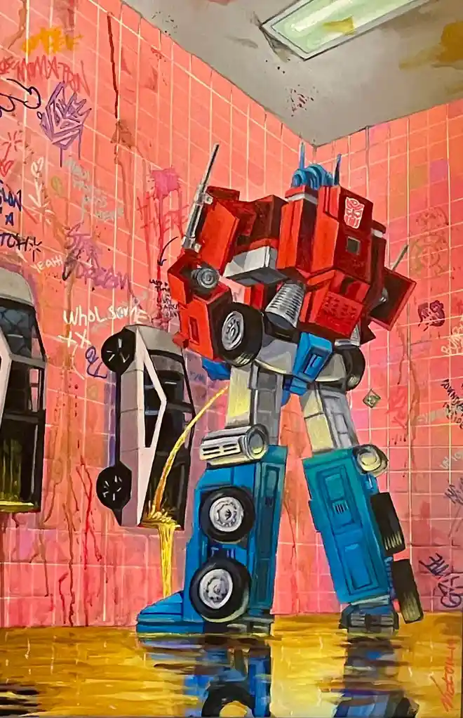 A painting depicts the red and blue robot Optimus Prime standing in a room with pink tiled walls covered in graffiti. He is…